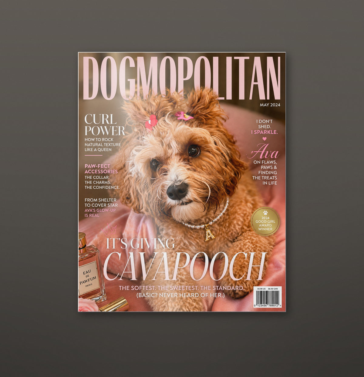 Dogmopolitan custom pet metal print hanging on a wall, glossy aluminium