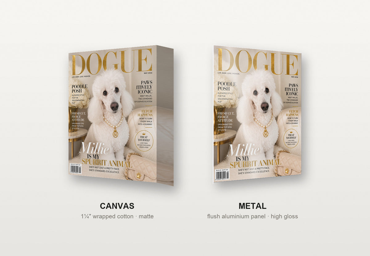 Dogue custom pet portrait shown as a canvas and as a metal print