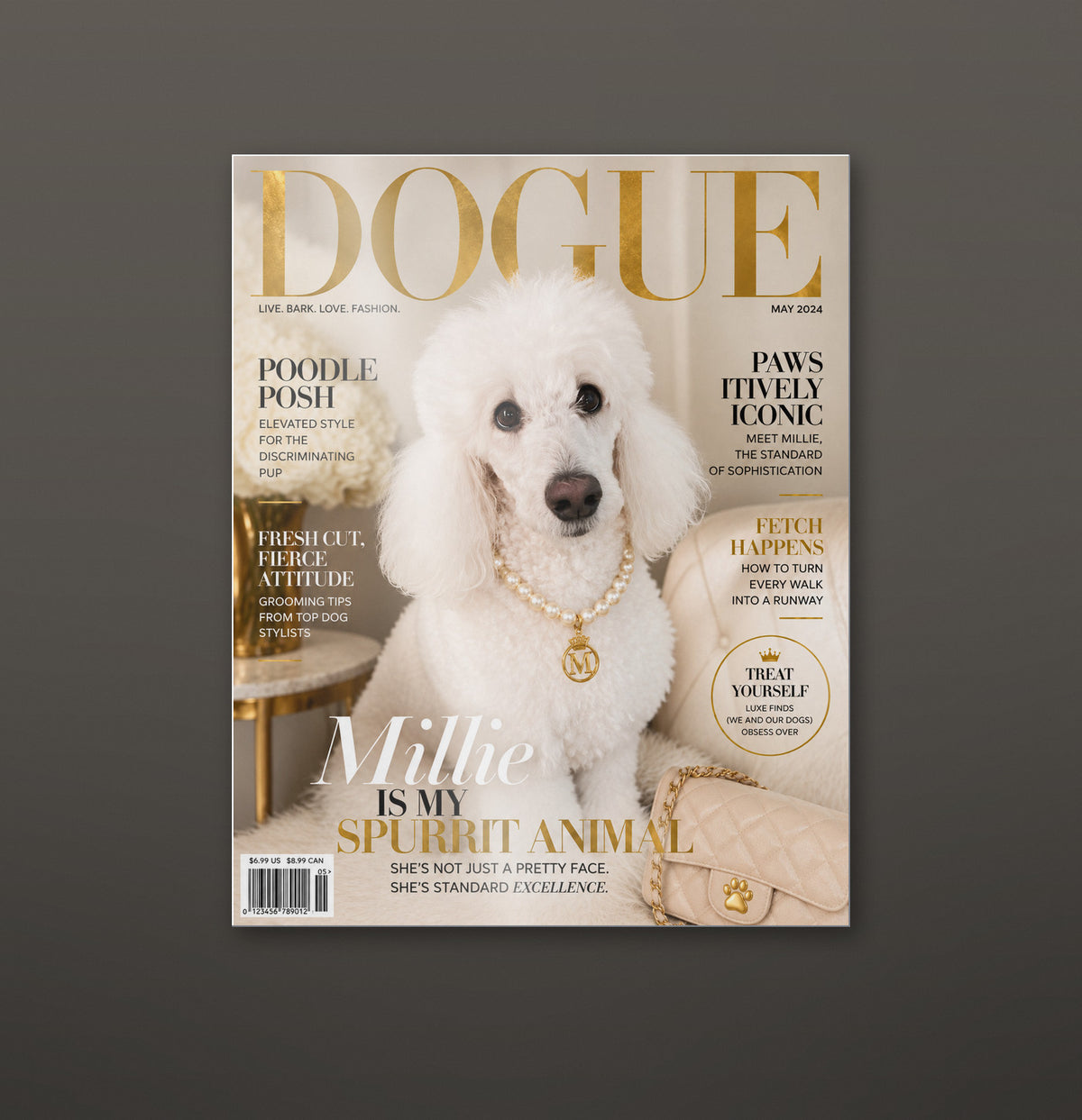 Dogue custom pet metal print hanging on a wall, glossy aluminium