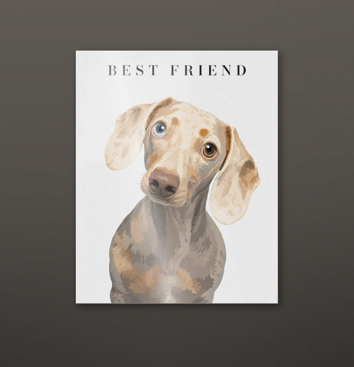 Modern Portrait custom pet metal print hanging on a wall, glossy aluminium