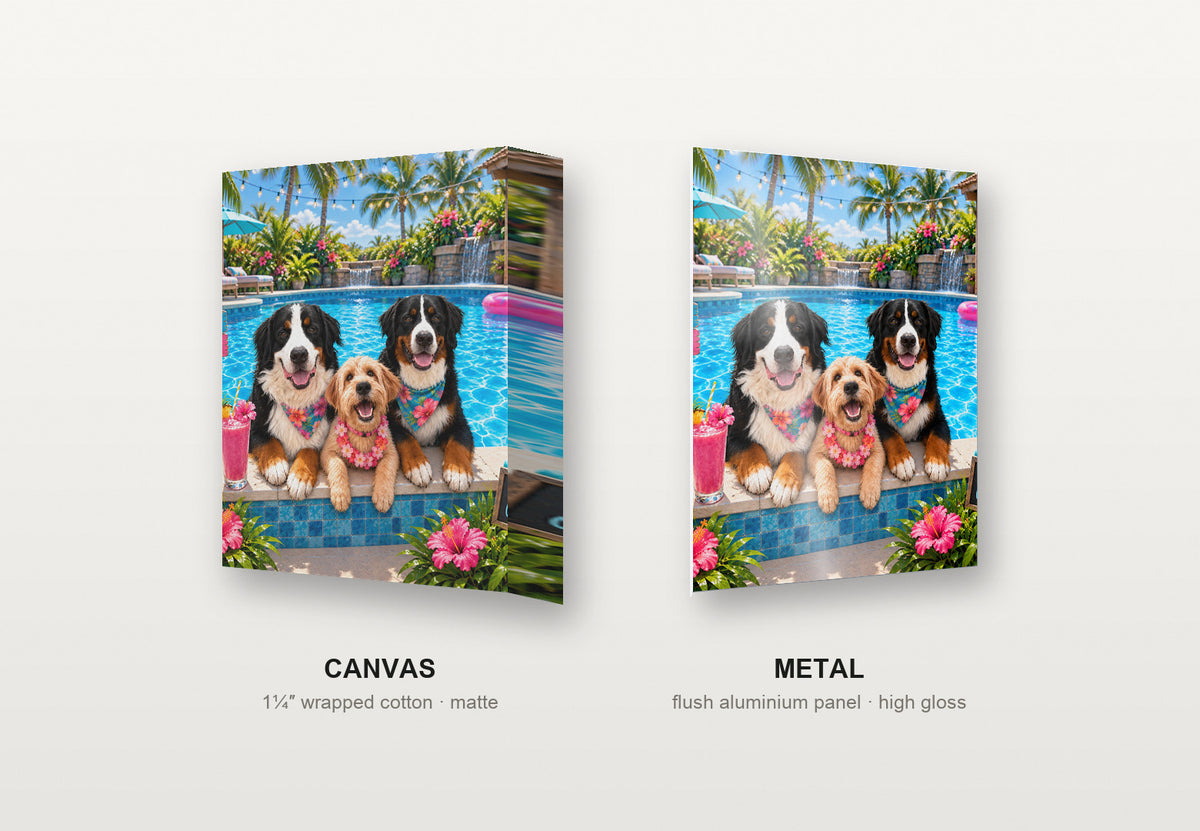 Pool Pawty custom pet portrait shown as a canvas and as a metal print