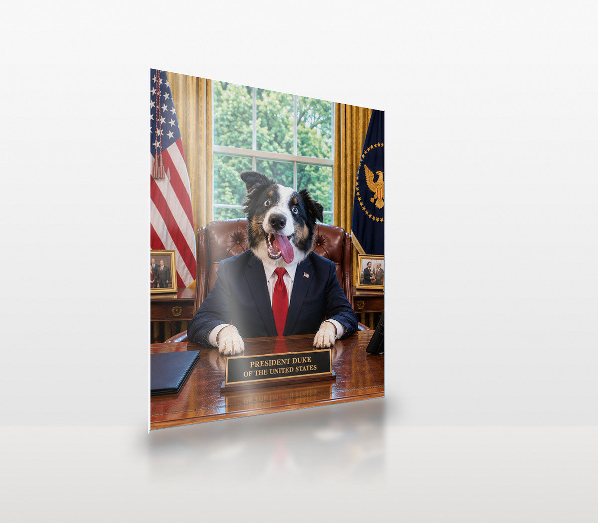 President custom pet metal print at an angle, showing the thin aluminium panel