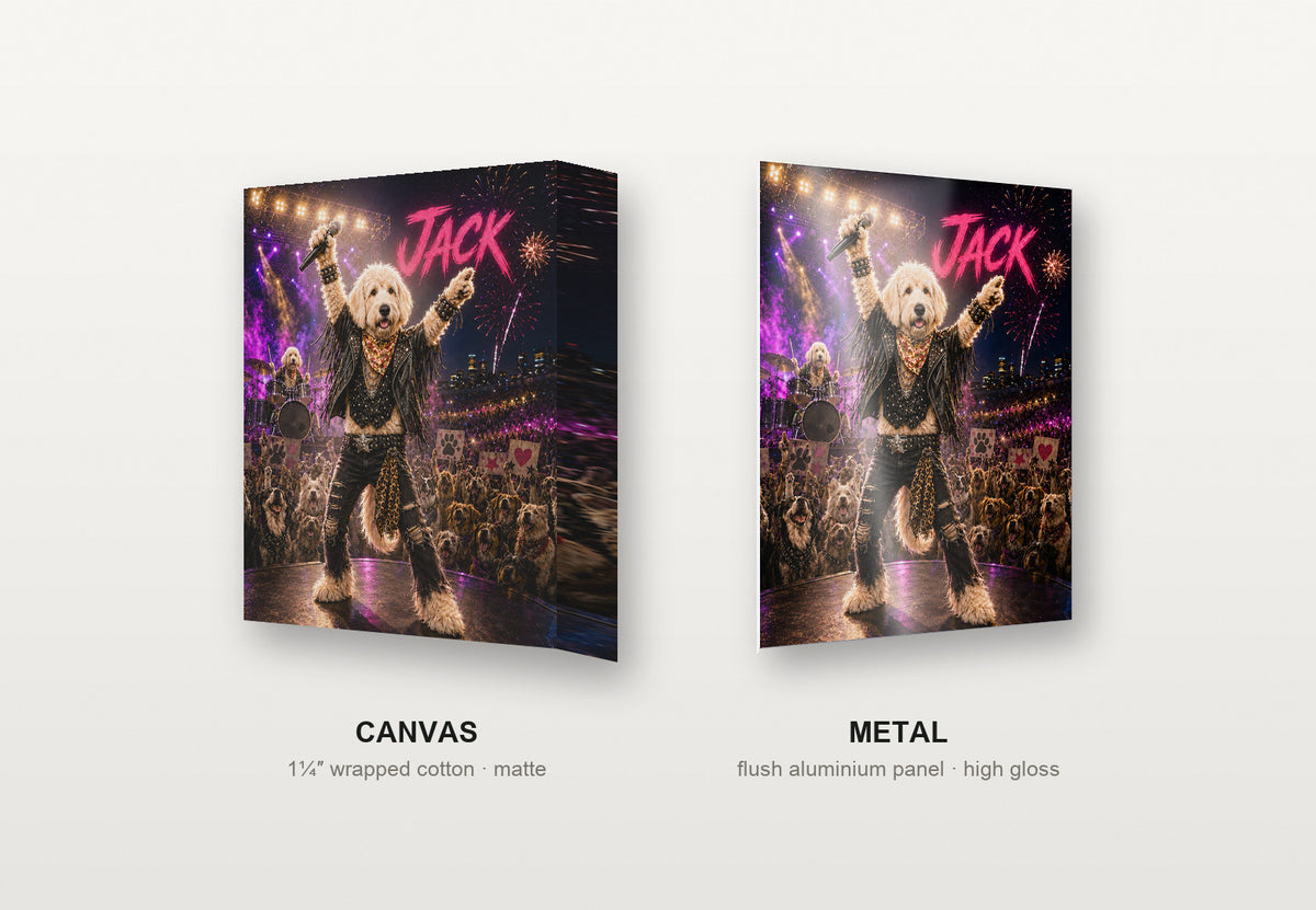 Rockstar custom pet portrait shown as a canvas and as a metal print