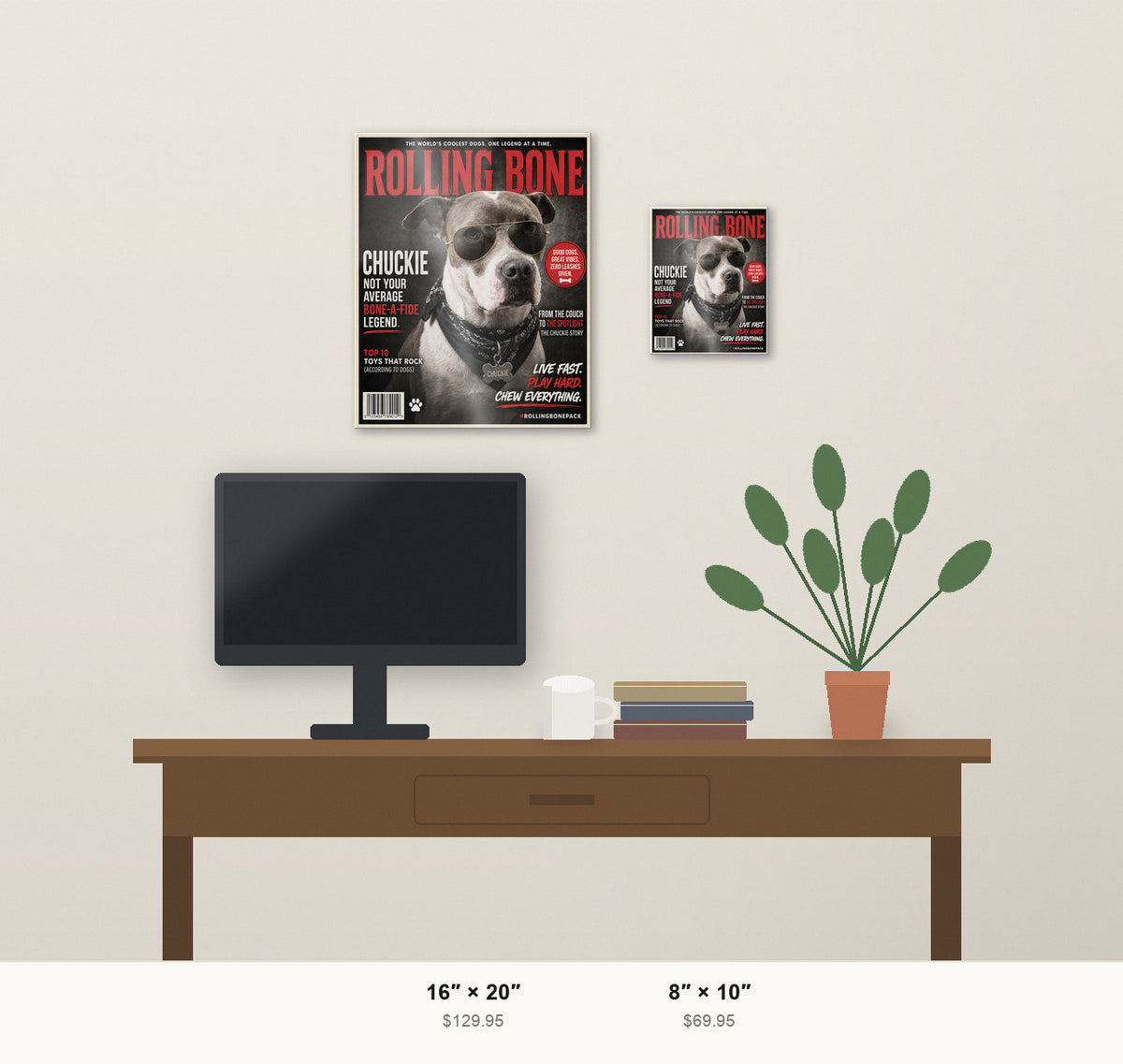 Rolling Bone Magazine custom pet metal print shown at 8x10 and 16x20 in a room