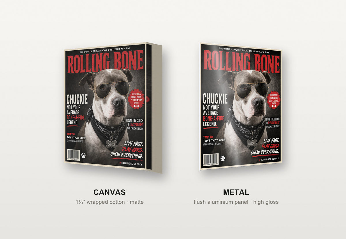 Rolling Bone Magazine custom pet portrait shown as a canvas and as a metal print
