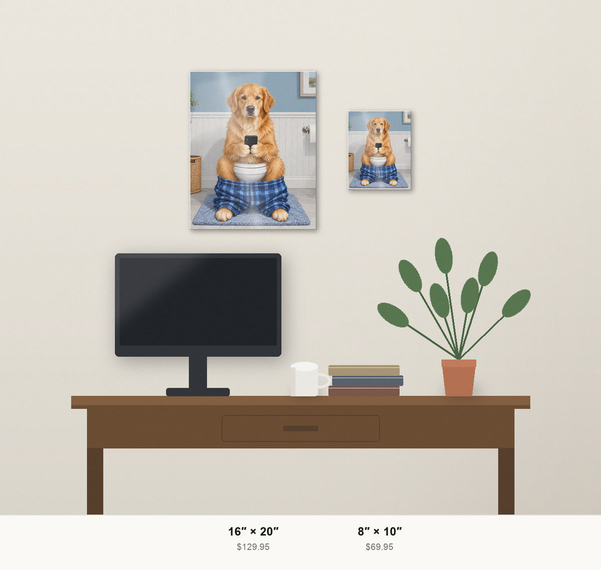 Sit & Scroll custom pet metal print shown at 8x10 and 16x20 in a room
