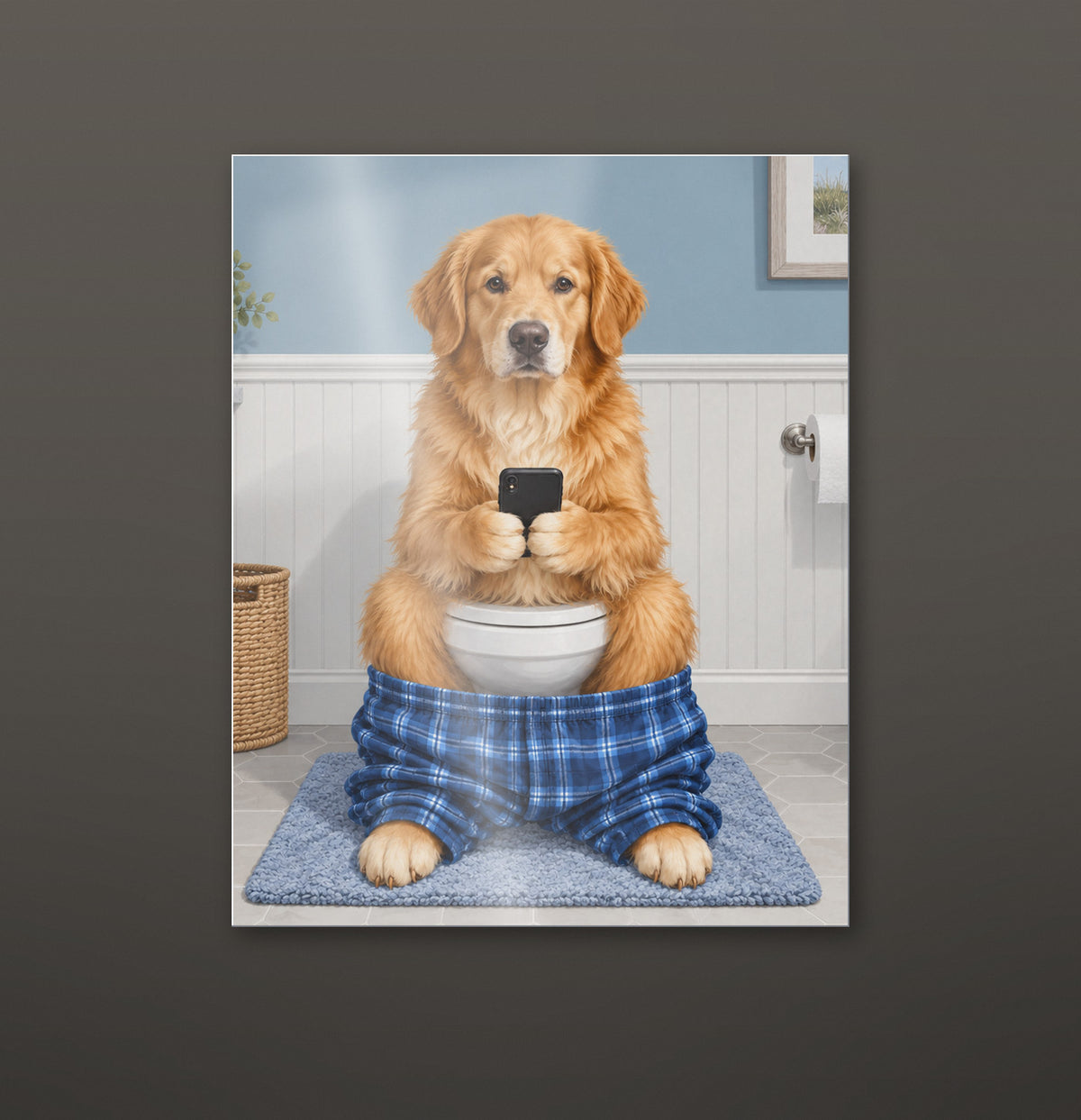 Sit & Scroll custom pet metal print hanging on a wall, glossy aluminium