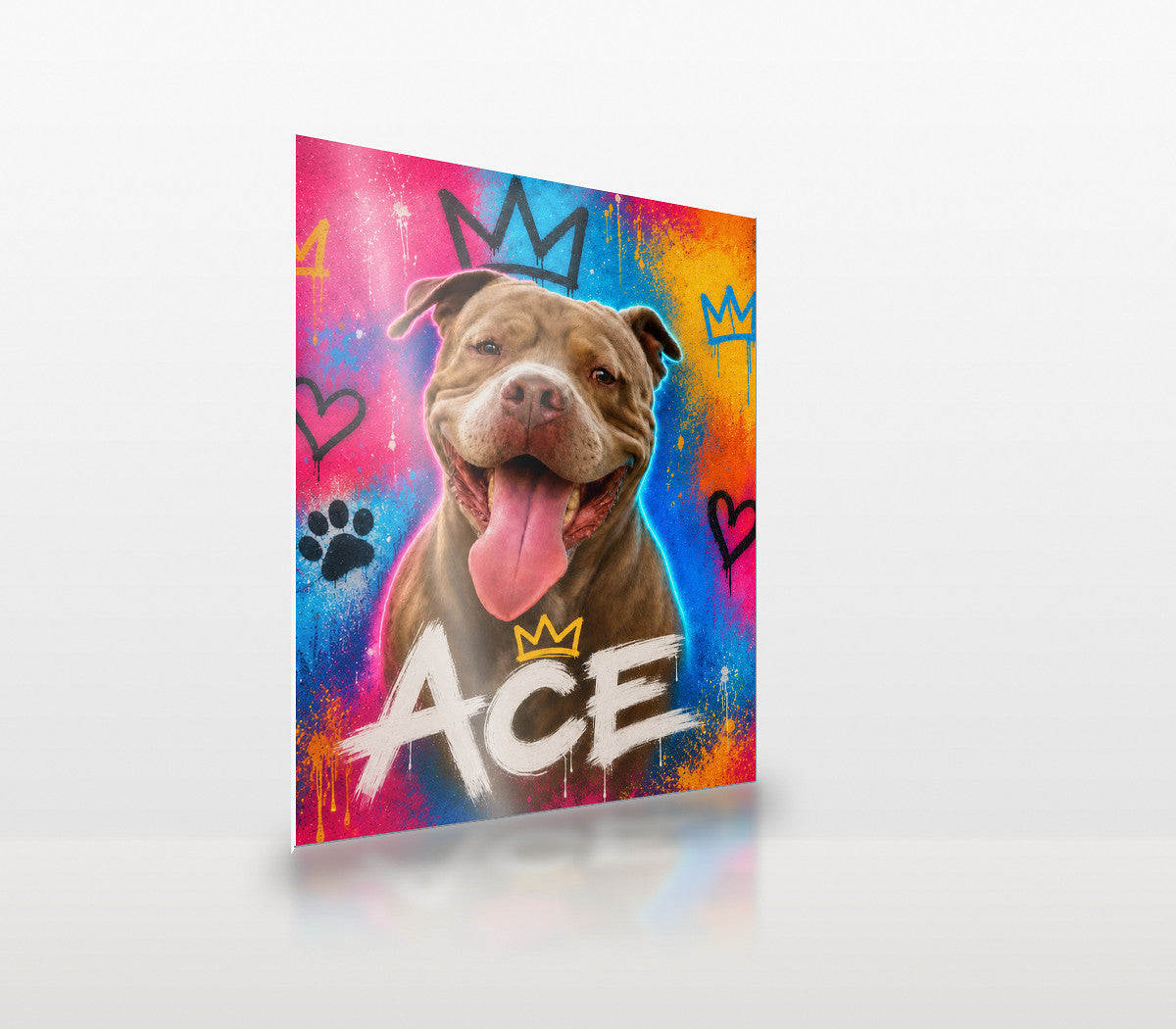 Street Art custom pet metal print at an angle, showing the thin aluminium panel