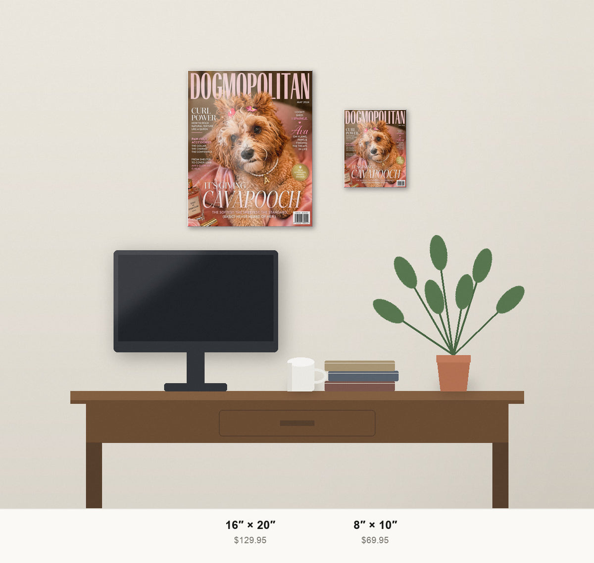 Dogmopolitan custom pet metal print shown at 8x10 and 16x20 in a room