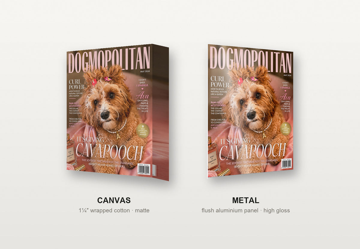 Dogmopolitan custom pet portrait shown as a canvas and as a metal print