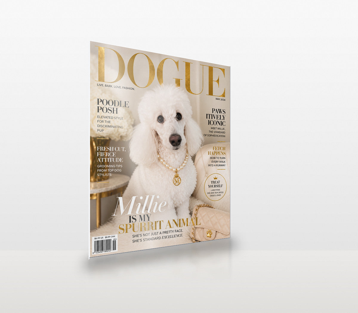 Dogue custom pet metal print at an angle, showing the thin aluminium panel