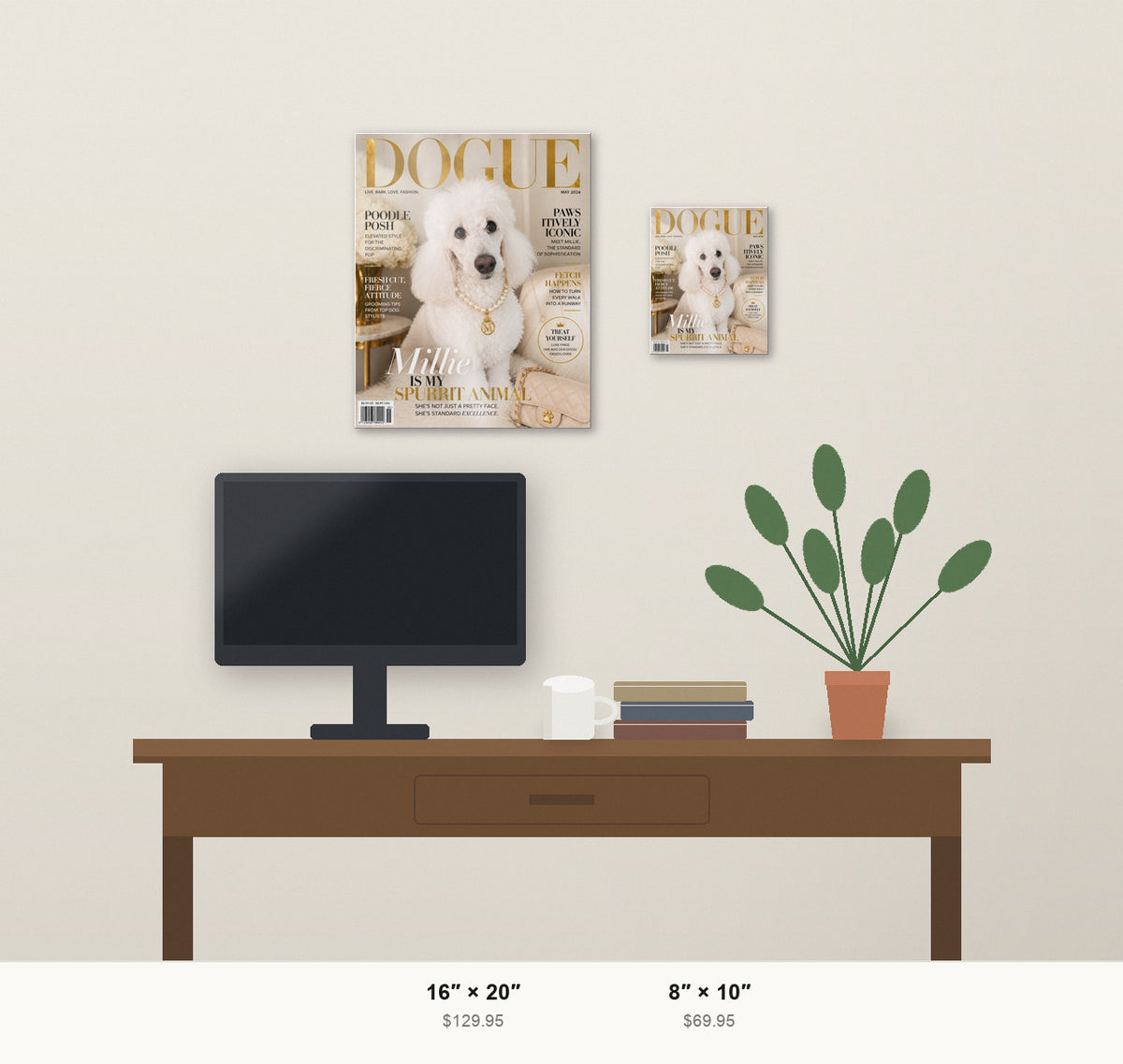Dogue custom pet metal print shown at 8x10 and 16x20 in a room