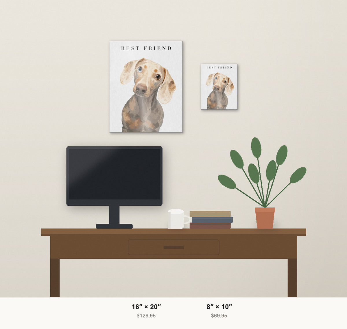 Modern Portrait custom pet metal print shown at 8x10 and 16x20 in a room