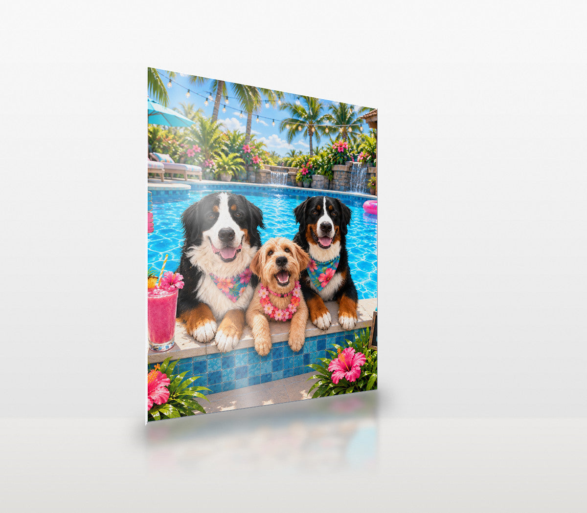 Pool Pawty custom pet metal print at an angle, showing the thin aluminium panel