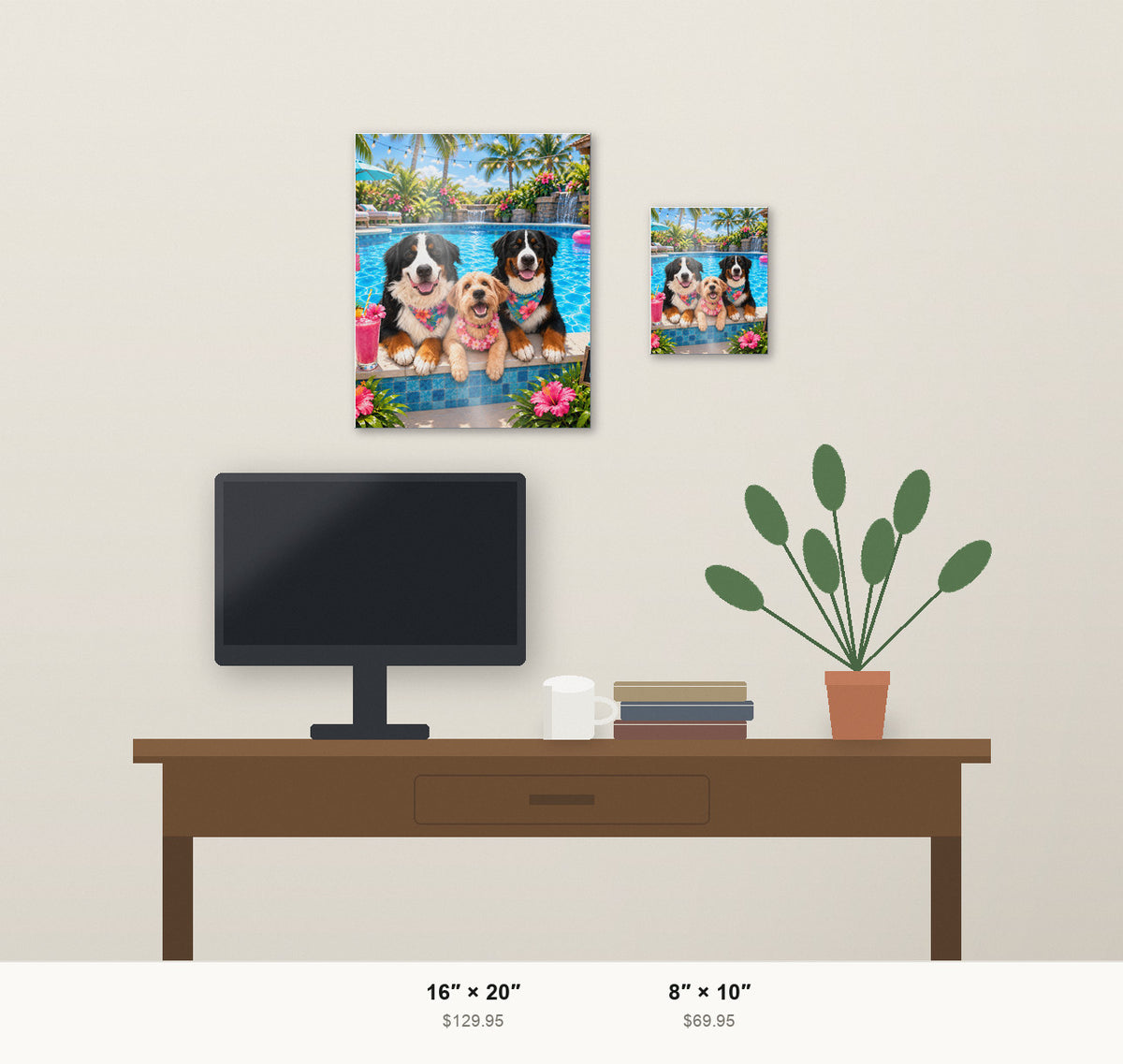 Pool Pawty custom pet metal print shown at 8x10 and 16x20 in a room