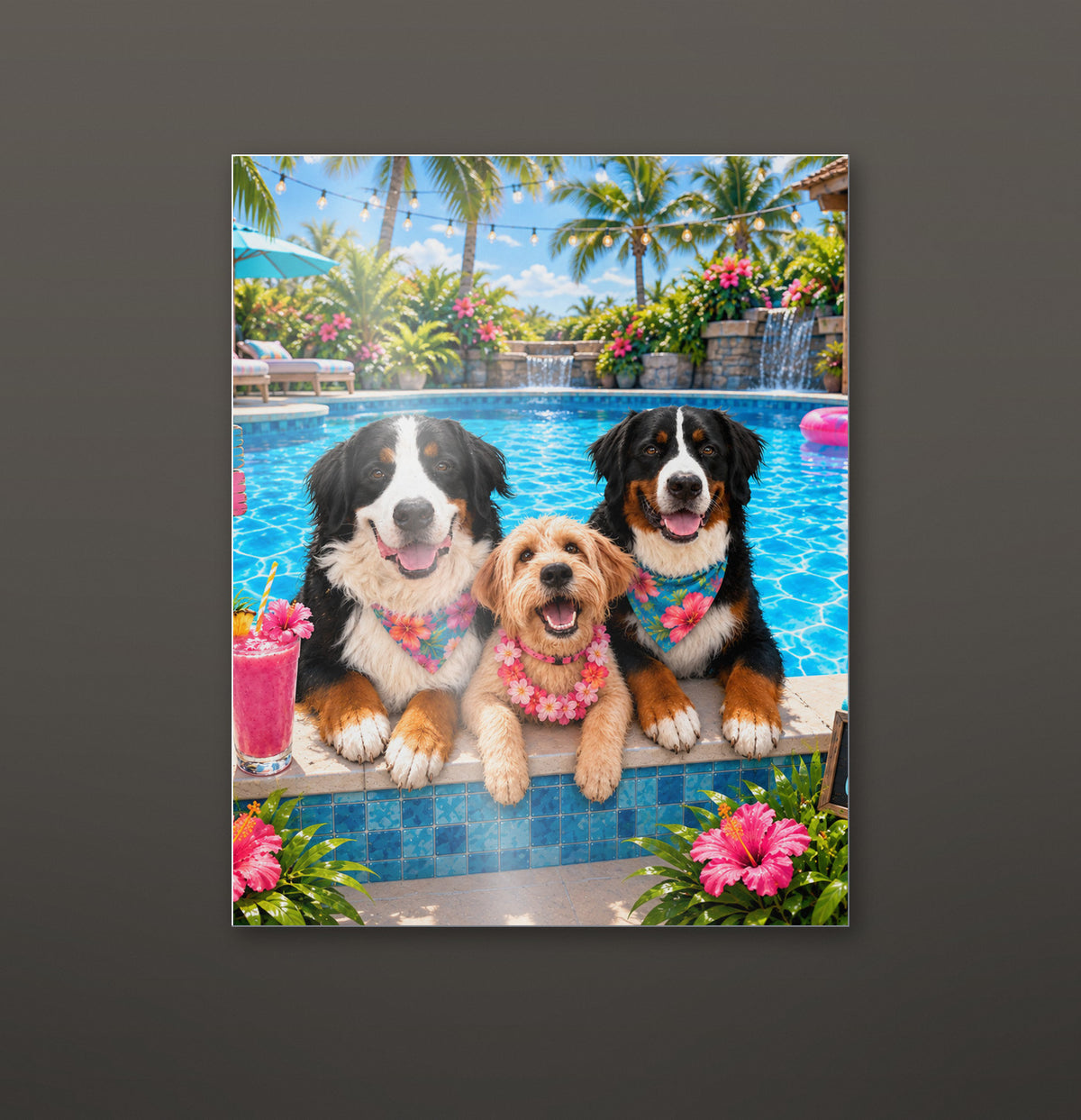 Pool Pawty custom pet metal print hanging on a wall, glossy aluminium