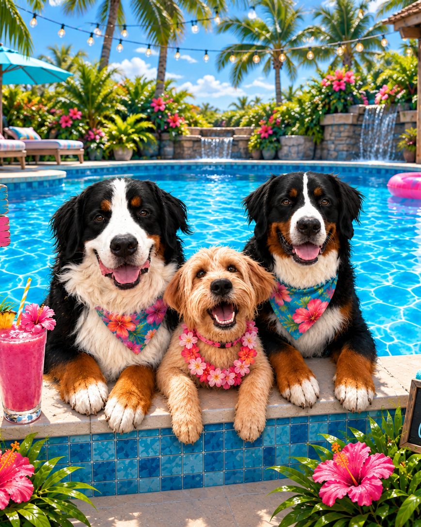 Pool Pawty custom pet portrait artwork
