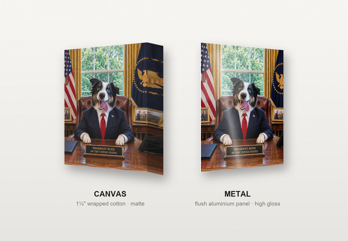 President custom pet portrait shown as a canvas and as a metal print