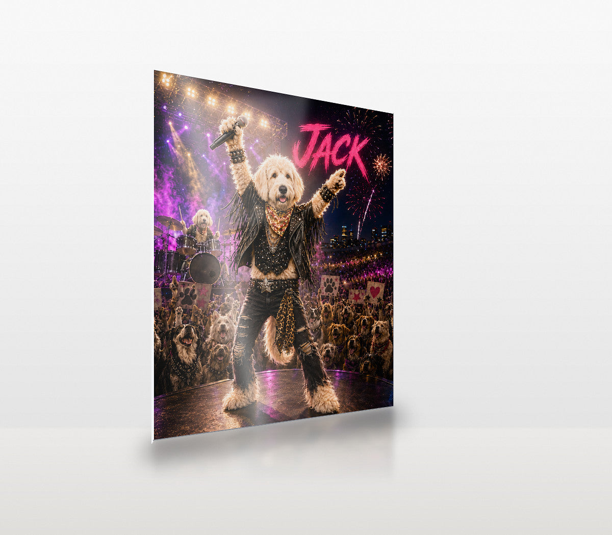 Rockstar custom pet metal print at an angle, showing the thin aluminium panel