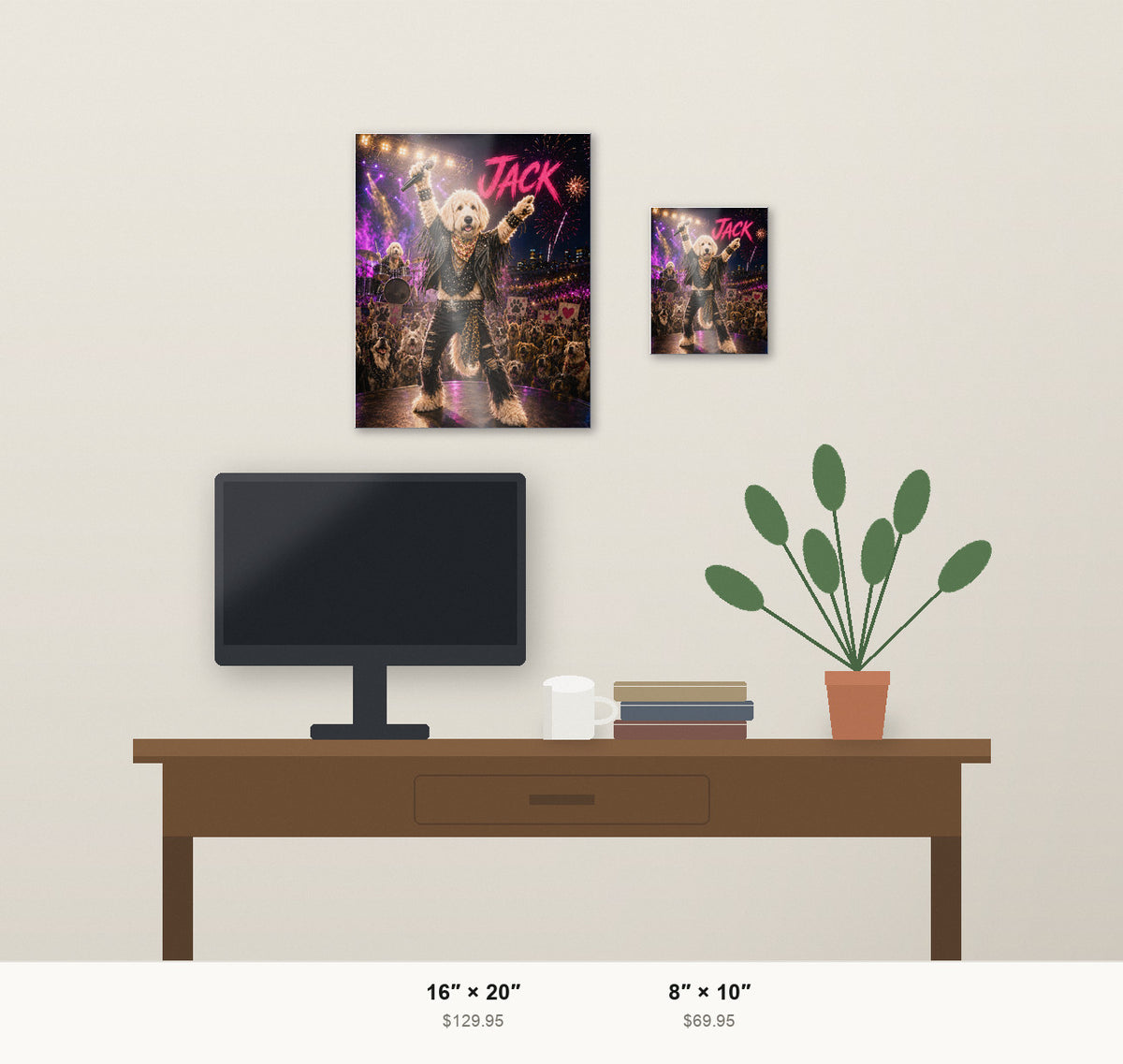 Rockstar custom pet metal print shown at 8x10 and 16x20 in a room