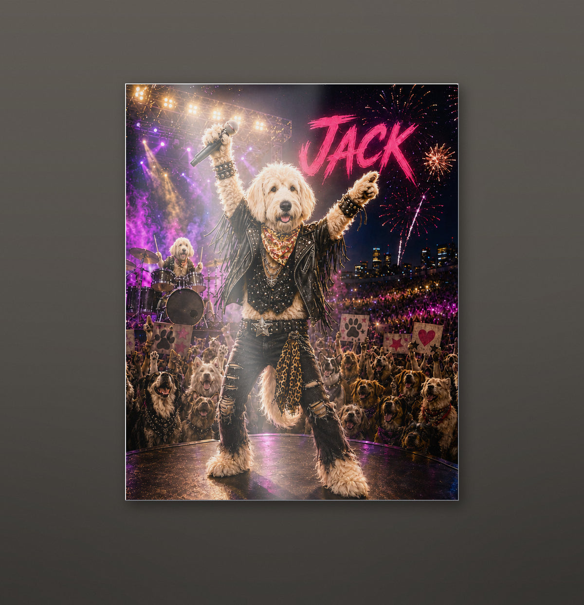 Rockstar custom pet metal print hanging on a wall, glossy aluminium