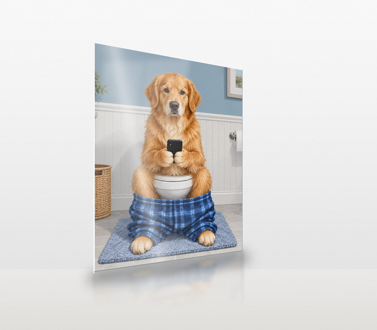 Sit & Scroll custom pet metal print at an angle, showing the thin aluminium panel