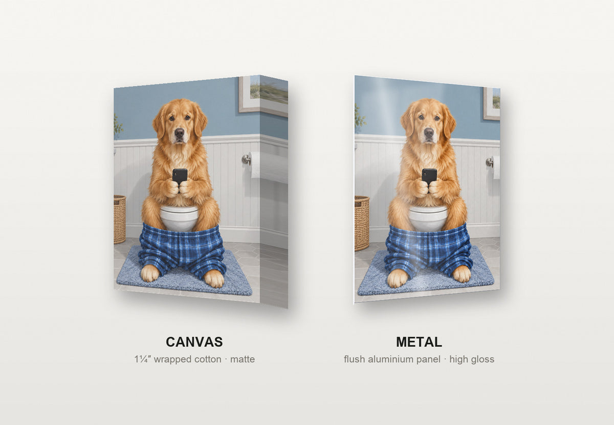 Sit & Scroll custom pet portrait shown as a canvas and as a metal print