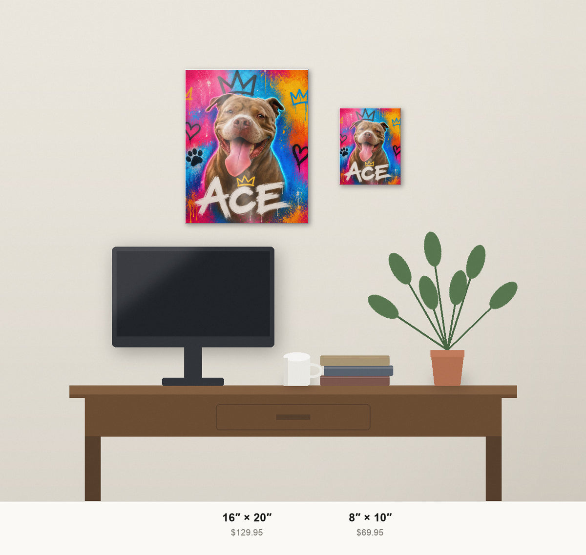 Street Art custom pet metal print shown at 8x10 and 16x20 in a room