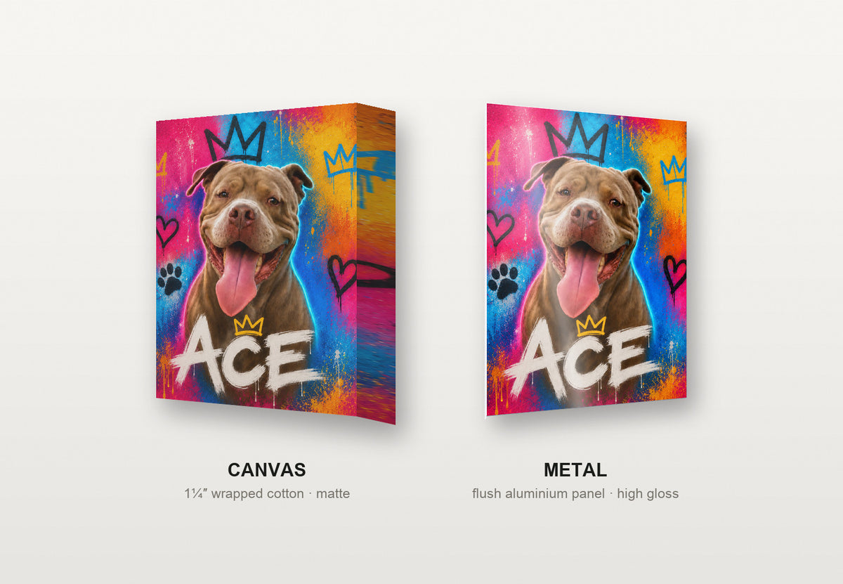 Street Art custom pet portrait shown as a canvas and as a metal print