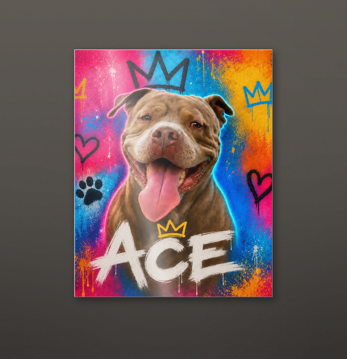 Street Art custom pet metal print hanging on a wall, glossy aluminium