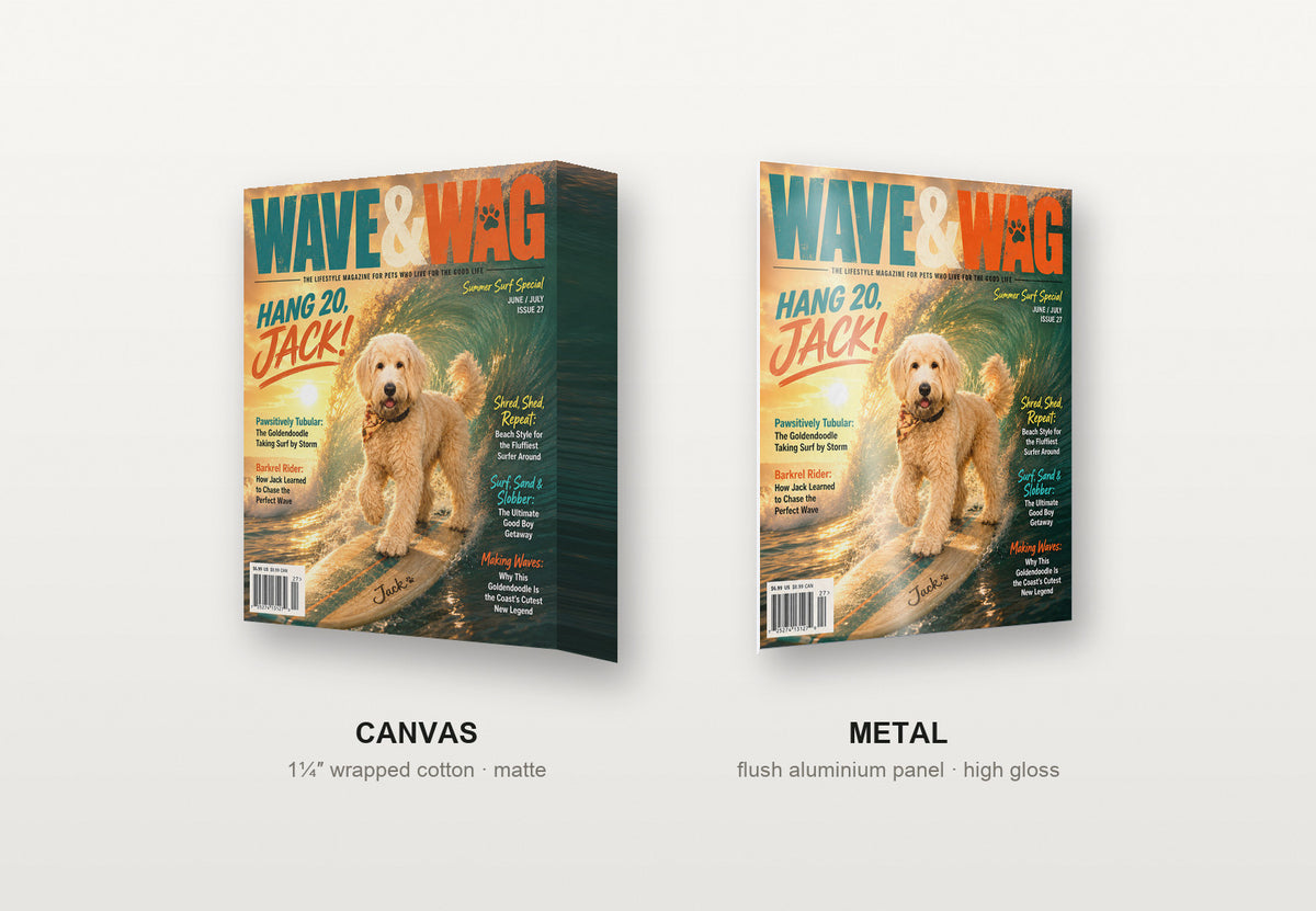 Wave & Wag custom pet portrait shown as a canvas and as a metal print