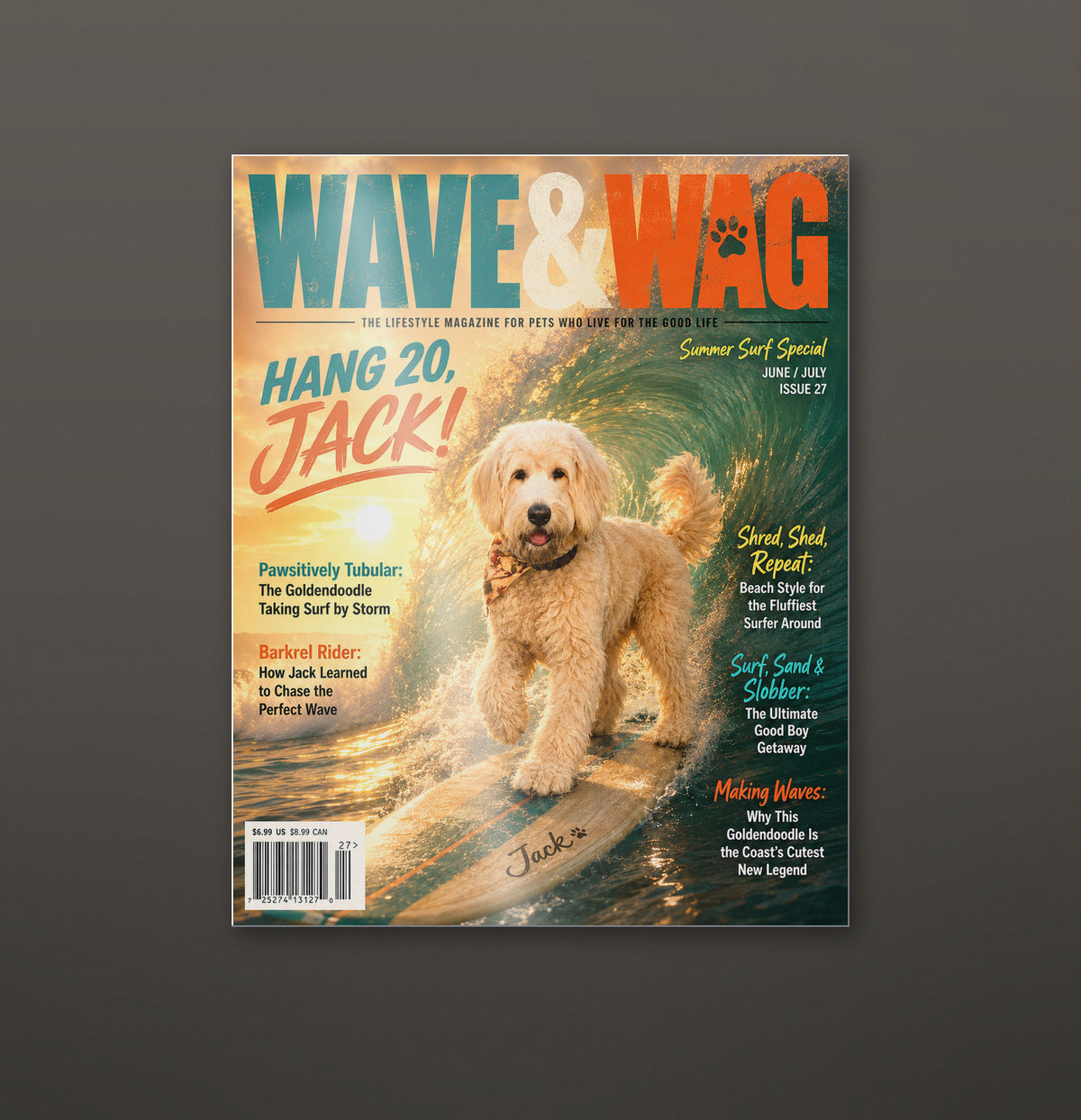 Wave & Wag custom pet metal print hanging on a wall, glossy aluminium